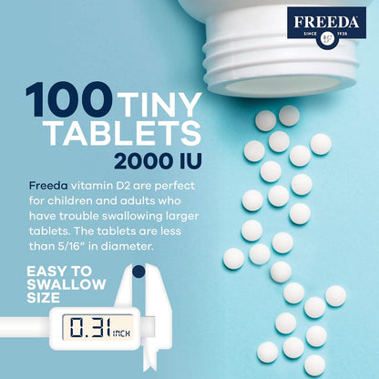 FREEDA Vitamin D2 2000 IU – Vegan Vitamin D for Bone Strength and Immune Support – 100 Small Tablets