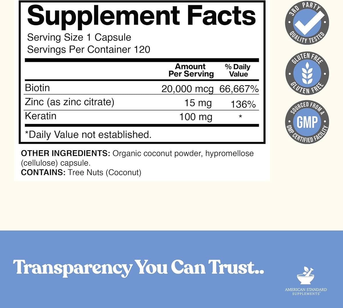 American Standard Supplements Biotin 20,000mcg with Keratin, Coconut & Zinc - 120 Veggie Capsules - görsel 2
