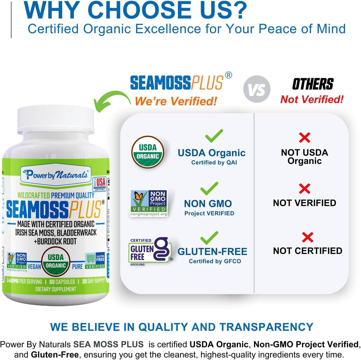 Power By Naturals Sea Moss Plus – USDA Organic Irish Sea Moss Capsules with Bladderwrack & Burdock Root – Immune Support for Adults – Vegan, Non-GMO, Gluten-free – 60 Capsules (1-Month Supply) - görsel 4