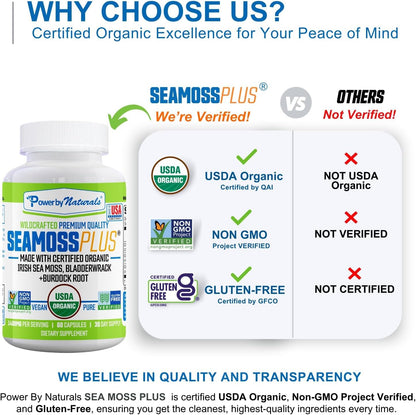 Power By Naturals Sea Moss Plus – USDA Organic Irish Sea Moss Capsules with Bladderwrack & Burdock Root – Immune Support for Adults – Vegan, Non-GMO, Gluten-free – 60 Capsules (1-Month Supply)