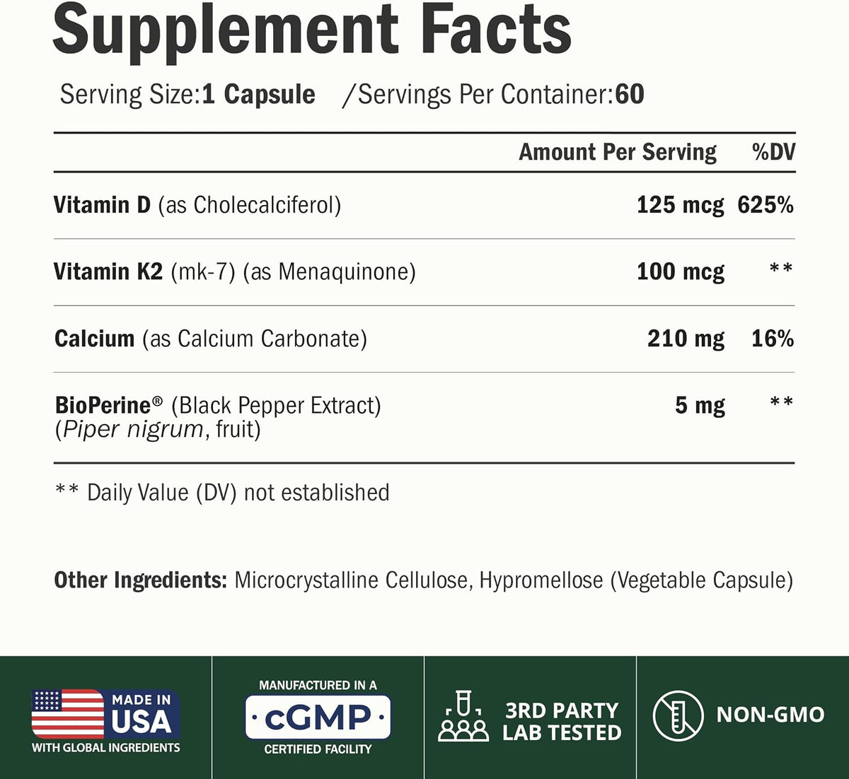Vitamin D3 K2 Calcium Supplement – Bone, Muscle & Immune Support – 60 Capsules - görsel 2