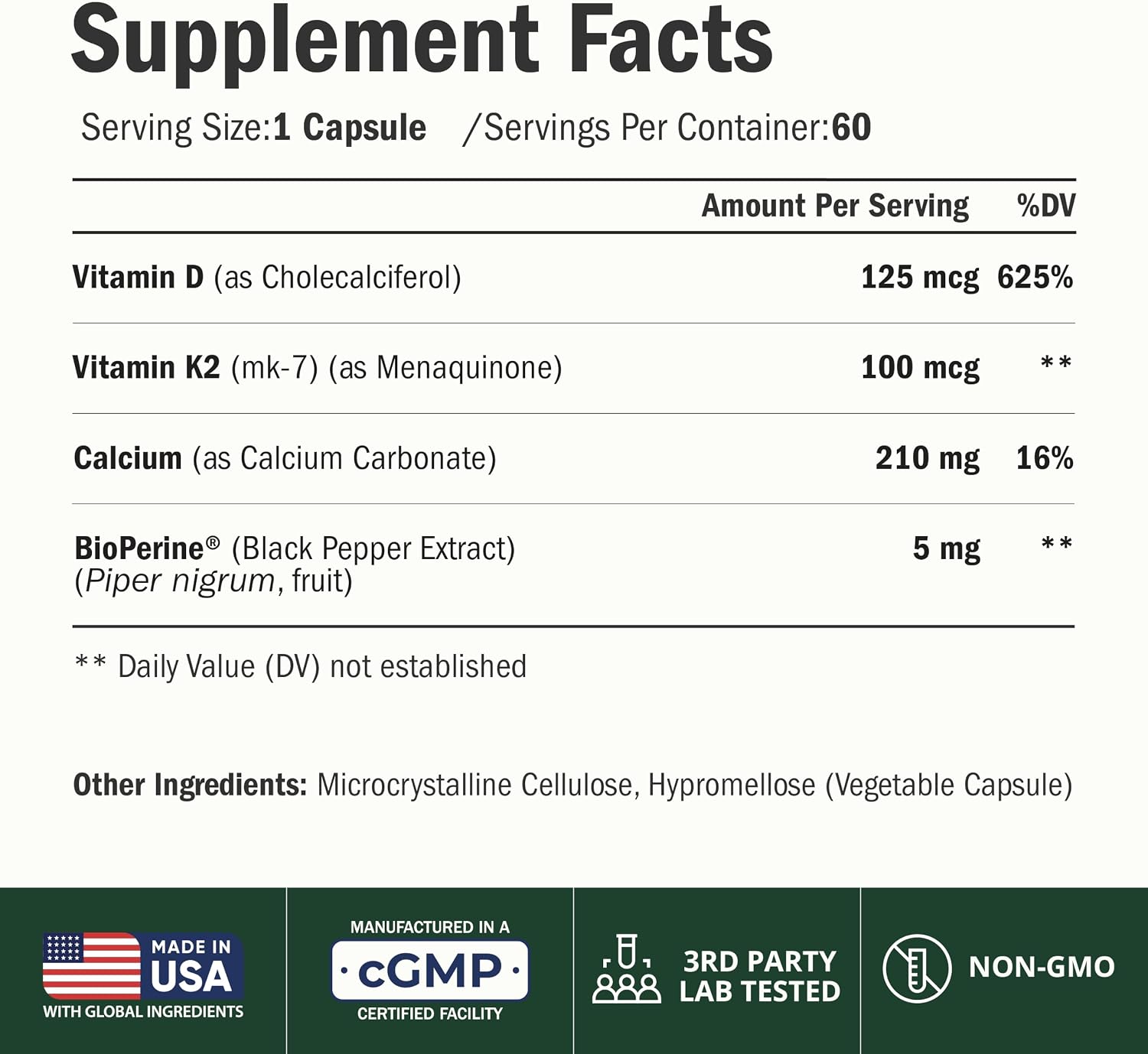 Vitamin D3 K2 Calcium Supplement – Bone, Muscle & Immune Support – 60 Capsules - görsel 2