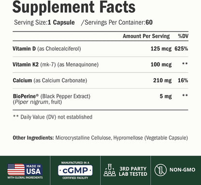 Vitamin D3 K2 Calcium Supplement – Bone, Muscle & Immune Support – 60 Capsules