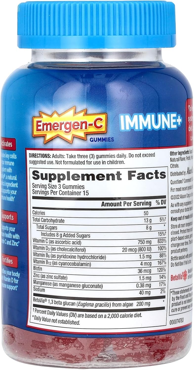 Emergen-C Immune+ Triple Action Immune Support Gummies, BetaVia, 1000mg Vitamin C, B Vitamins, Vitamin D, Zinc, Raspberry – 45 Count - görsel 2