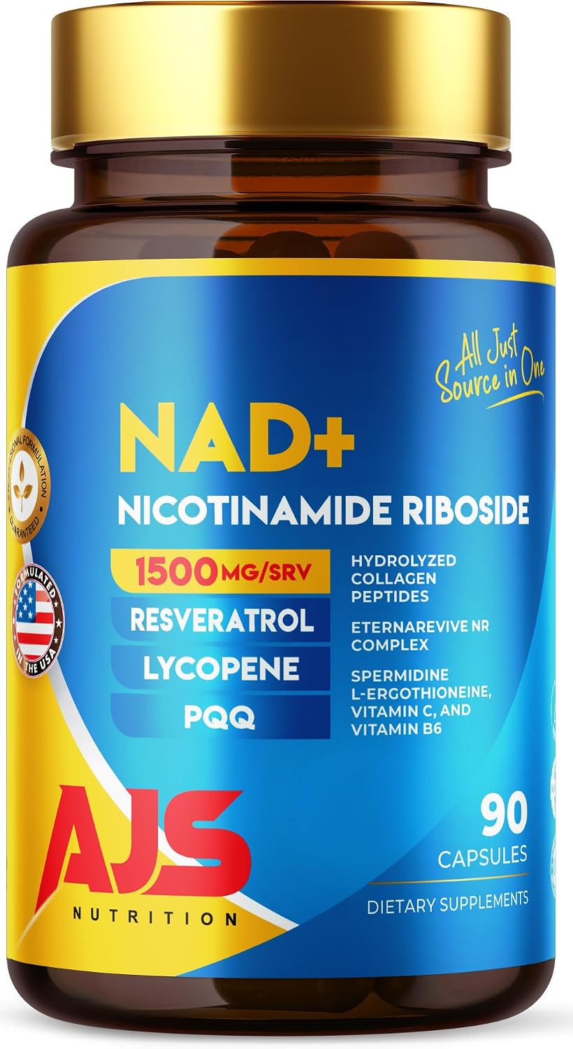 AJS NAD+ Cellular Energy – NR Supplement with PQQ, Resveratrol, Lycopene, L-Ergothioneine, and Collagen Peptides – 90 Capsules for Cellular Support - görsel 1