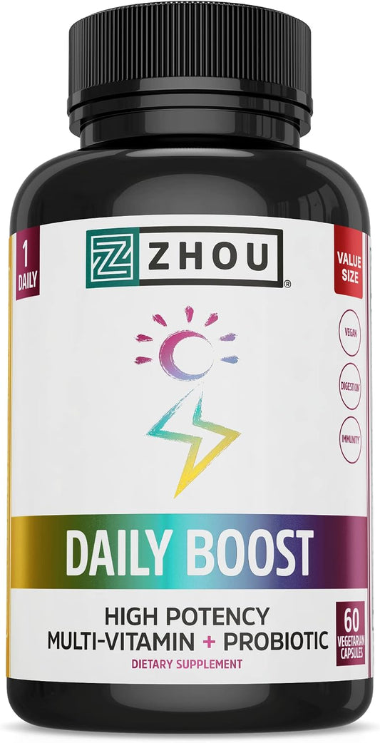 Zhou Nutrition Daily Boost Multivitamin with Probiotic, Zinc, Vitamin C, D3, B Complex for Immune Support, Energy and Digestive Health | Vegan, Gluten-free, Soya Free | 60 Capsules