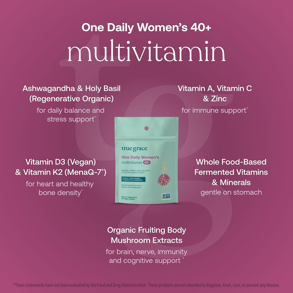 True Grace One Daily Women's Multivitamin 40+ - Fermented Minerals, Organic Adaptogens & Mushrooms - 90 Vegan Tablets - görsel 3