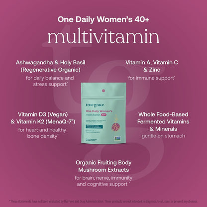 True Grace One Daily Women's Multivitamin 40+ - Fermented Minerals, Organic Adaptogens & Mushrooms - 90 Vegan Tablets