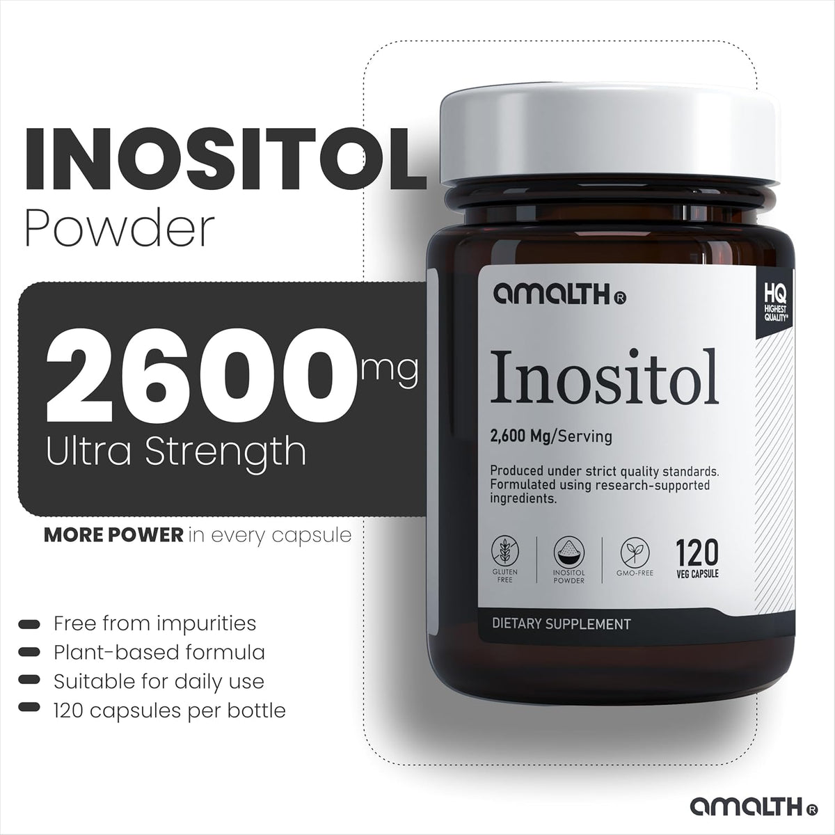 AMALTH Inositol Capsules 2600 mg | Myo Inositol Supplement | Vitamin B8 Powder | Hormonal Balance & Ovarian Health Support | Non-GMO, Gluten-Free | 120 Veg Capsules - görsel 3