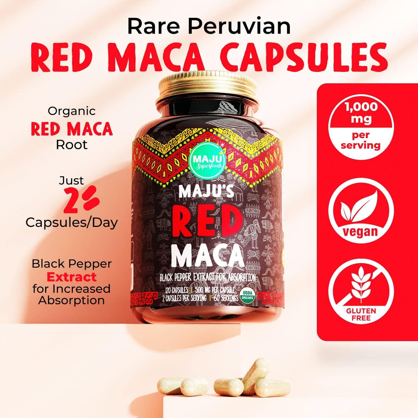Maju Superfoods Organic Red Maca Root Capsules for Women – Support for Curves and Thighs (120 Count) - görsel 2