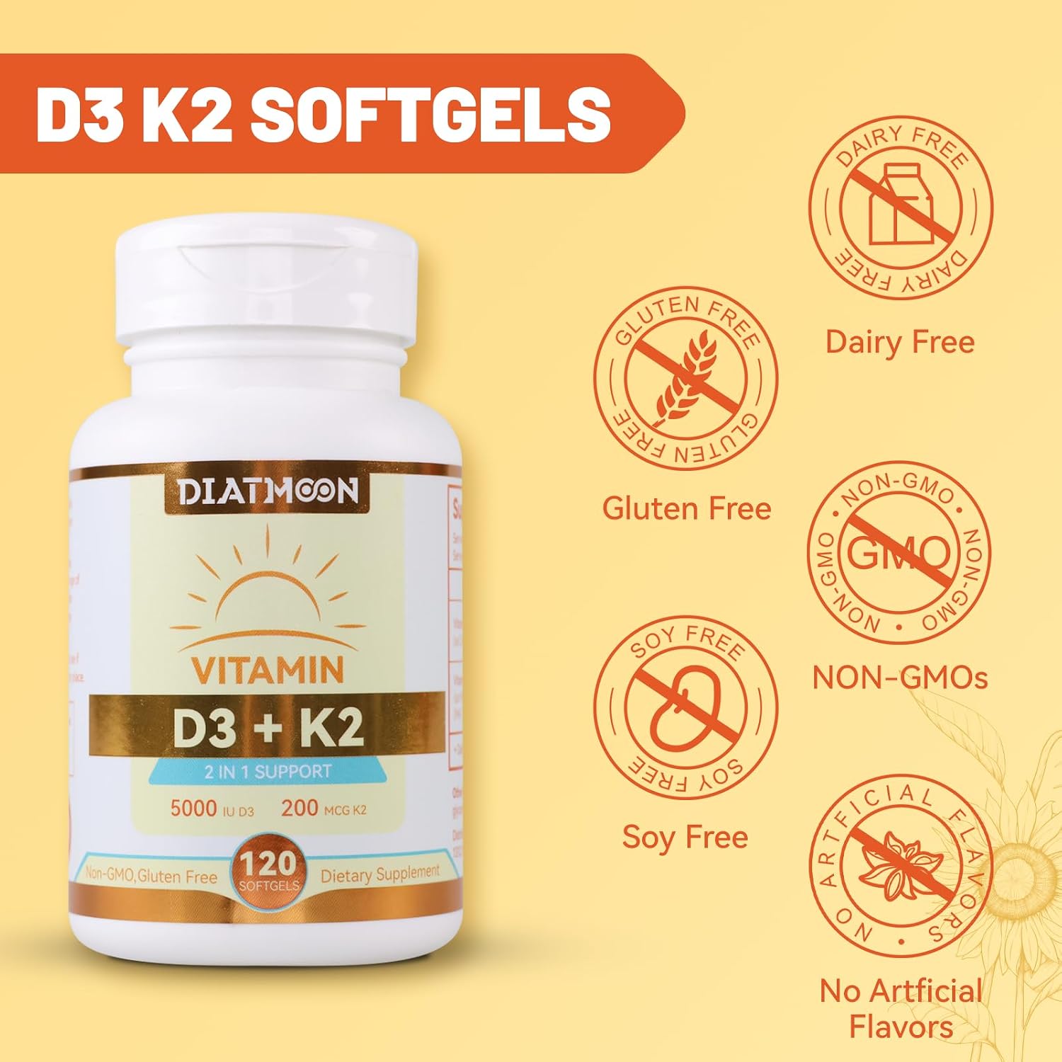 DIATMOON Vitamin D3 K2 Supplement Soft gel capsules – 5000 IU D3 & 200 mcg K2 MK-7, Bone and Teeth Support, 120 Count - görsel 7