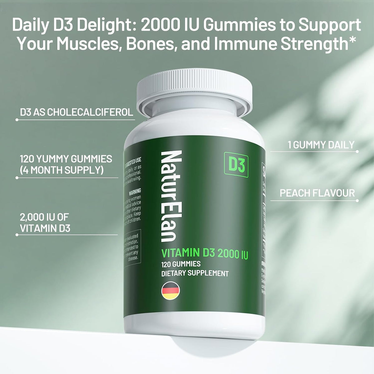Vitamin D3 Gummies – 120 Gummies, 2000 IU, Sugar Free, Peach Flavour, Vegan & Gluten-free - görsel 4
