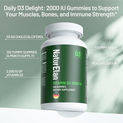 Vitamin D3 Gummies – 120 Gummies, 2000 IU, Sugar Free, Peach Flavour, Vegan & Gluten-free