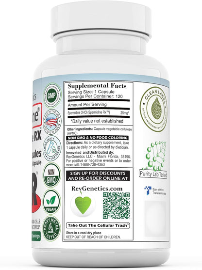 REVGENETICS Spermidine 25 mg | 120 Capsules | Wheat-Free Autophagy Support