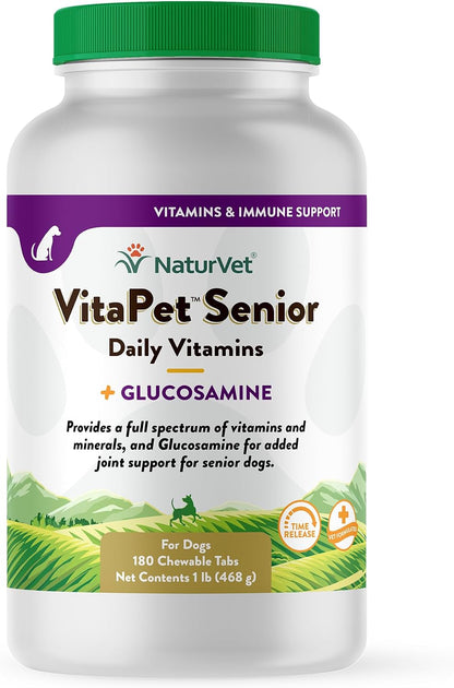 NaturVet VitaPet Senior Daily Vitamins for Senior Dogs – with Glucosamine – 60 Time Release Tablets