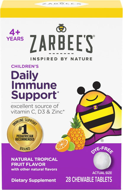 Zarbee's Kids Immune Support, Vitamin C, D & Zinc Daily Immunity Vitamins for Children 4+ Years, Natural Tropical Fruit Flavour, 28 Chewable Tablets