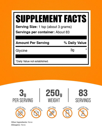 Glycine Powder - Unflavoured, Gluten-free, 3g per Serving, 250g