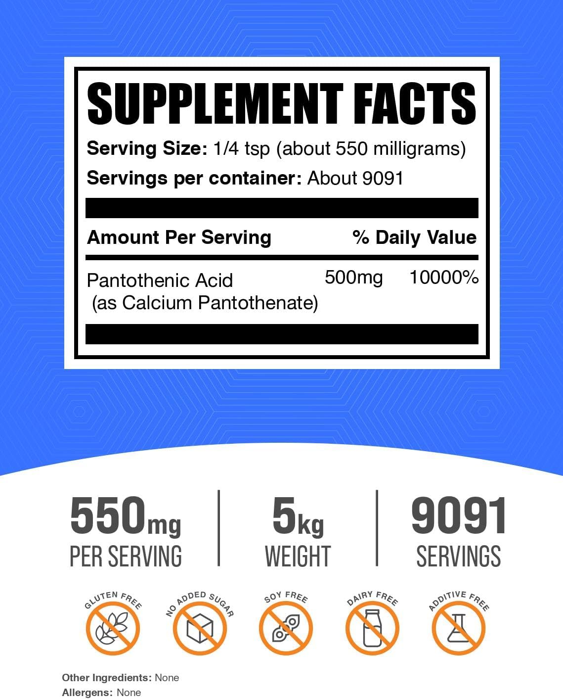 BulkSupplements.com Vitamin B5 Powder - Calcium Pantothenate, 500mg per Serving, 5kg (11 lb) (Pack of 5) - görsel 2
