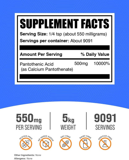 BulkSupplements.com Vitamin B5 Powder - Calcium Pantothenate, 500mg per Serving, 5kg (11 lb) (Pack of 5)