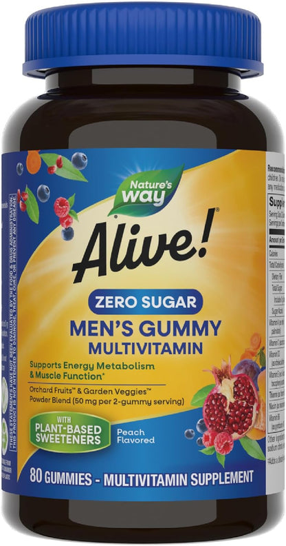 Nature's Way Alive! Zero Sugar Men's Gummy Multivitamins, Energy Metabolism, Muscle Function, B-Vitamins, No Sugar Alcohols, Plant-Based Sweeteners, Peach Flavoured, 80 Gummies