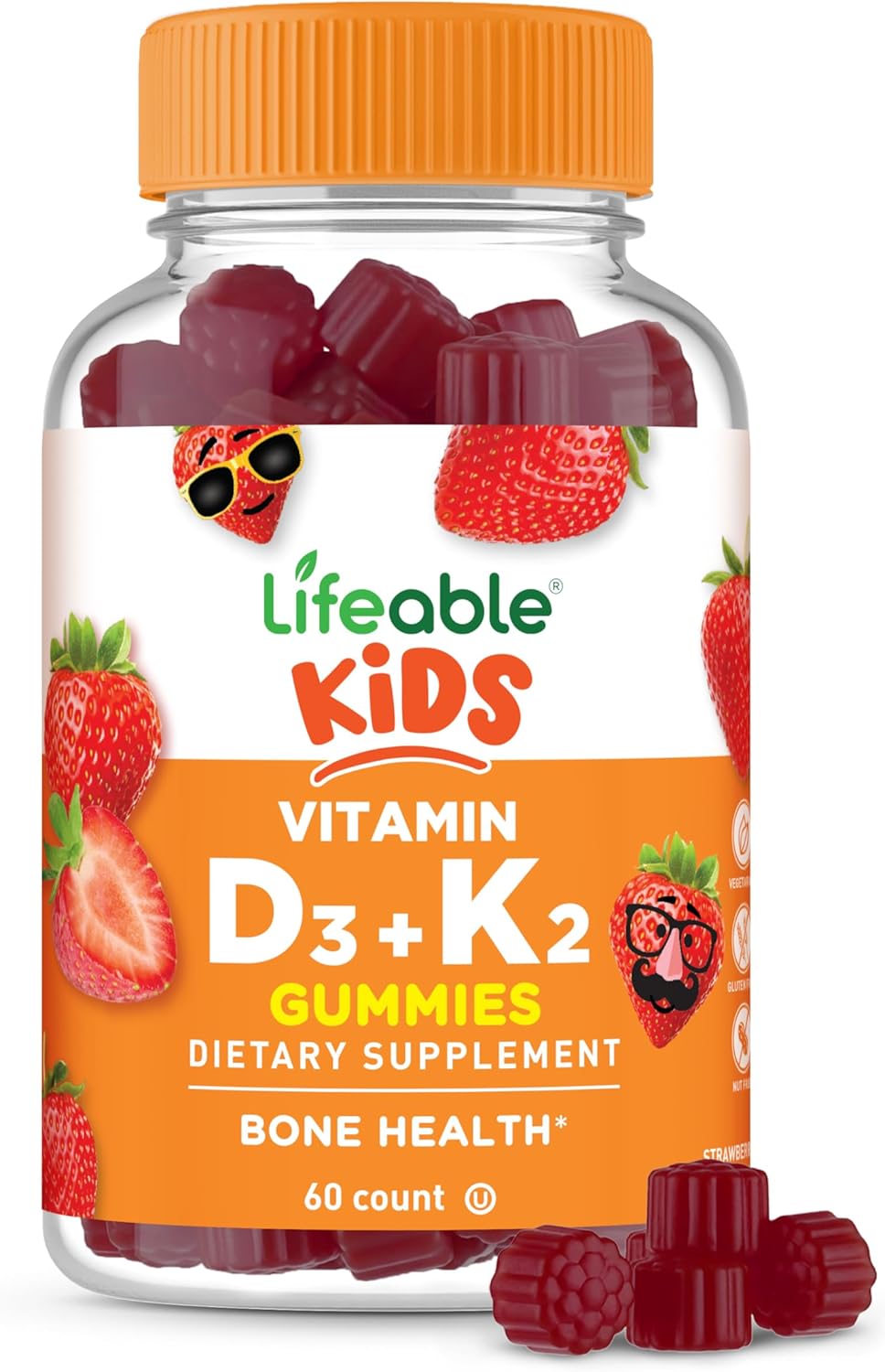 Lifeable Kids Vitamin D3 K2 Gummies - 500 IU D3 + 100 mcg K2, Strawberry Flavour, 60 Gummies - görsel 1