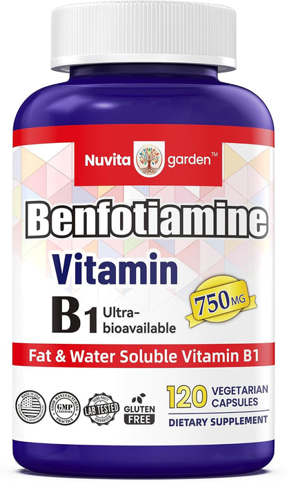 Benfotiamine 750mg, 120 Vegetarian Capsules – Fat-Soluble Vitamin B1 Thiamine Supplement