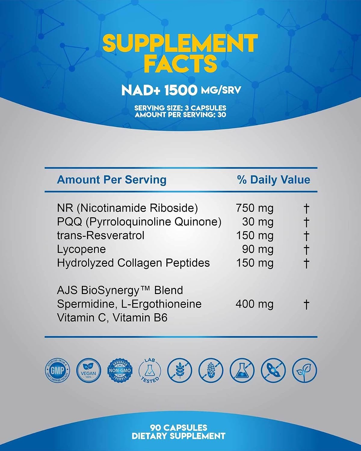 AJS NAD+ Cellular Energy – NR Supplement with PQQ, Resveratrol, Lycopene, L-Ergothioneine, and Collagen Peptides – 90 Capsules for Cellular Support - görsel 5
