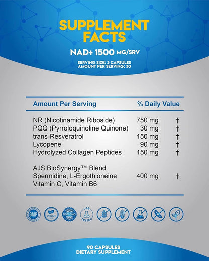 AJS NAD+ Cellular Energy – NR Supplement with PQQ, Resveratrol, Lycopene, L-Ergothioneine, and Collagen Peptides – 90 Capsules for Cellular Support