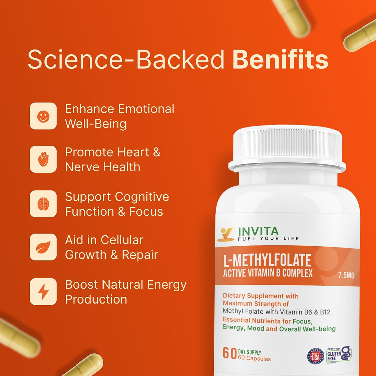 INVITA L-Methylfolate 7.5 mg + Active Vitamin B Complex – 60 Capsules - görsel 5