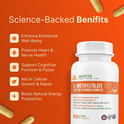 INVITA L-Methylfolate 7.5 mg + Active Vitamin B Complex – 60 Capsules
