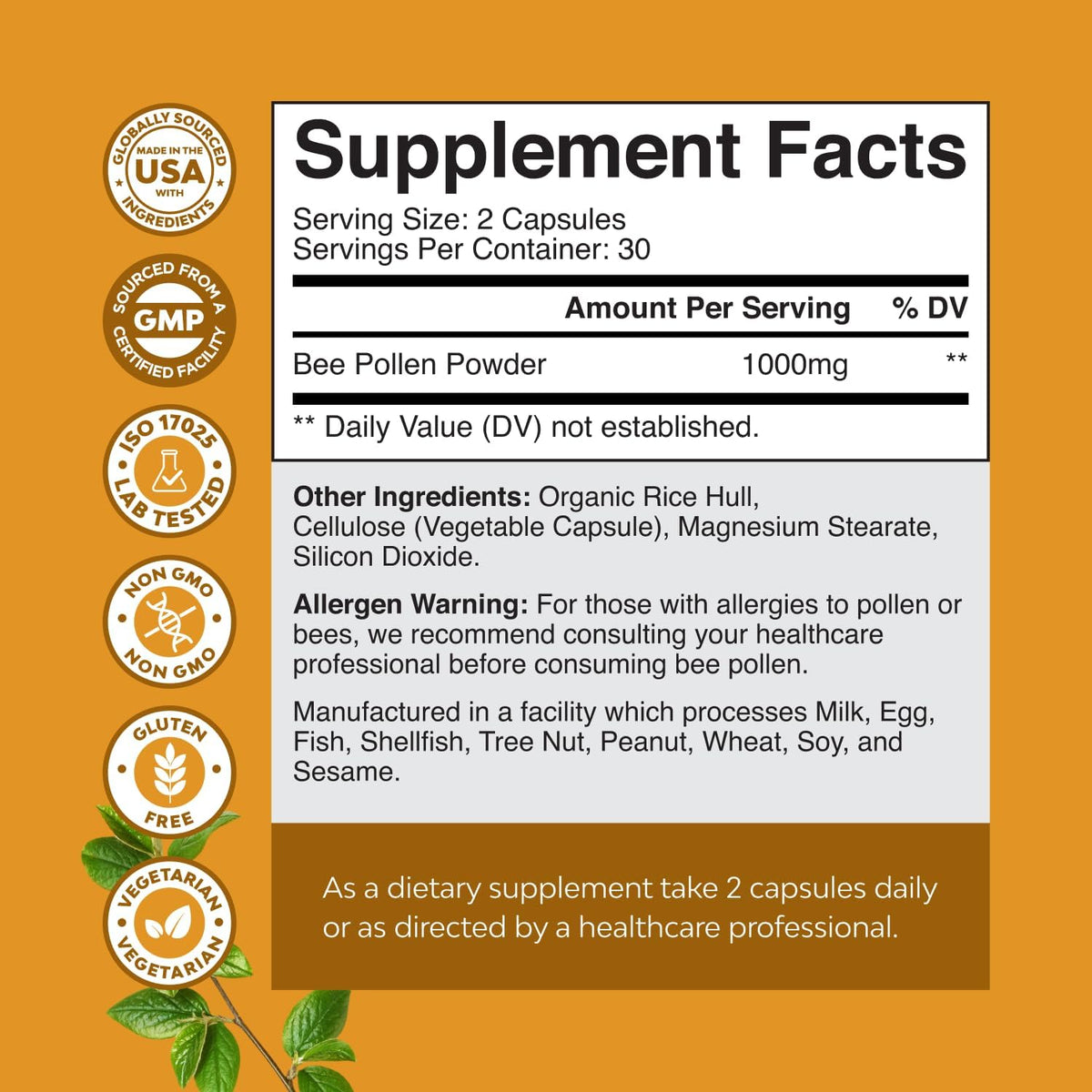 Bee Pollen Capsules for Breast Support 60 Ct - Bee Pollen Supplement 1000mg Serving with Naturally Occurring B Vitamins Minerals & Enzymes – Breast Support Supplement – Vegetarian Non-GMO & Gluten-free - görsel 8