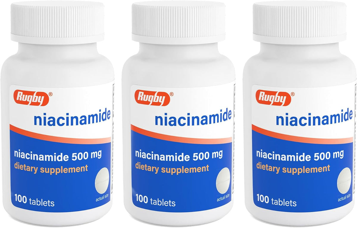 Rugby Niacinamide 500 mg Tablets, Gluten-Free Food Supplement for Adults, Supports Overall Health, No Artificial Flavours - 100 Count (Pack of 3) - görsel 1