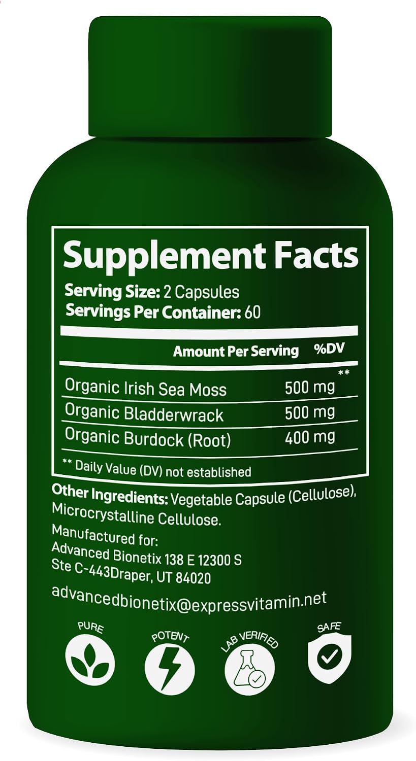 Advanced Bionetix Organic Irish Sea Moss Capsules with Bladderwrack and Burdock Root - 120 Capsules - görsel 7