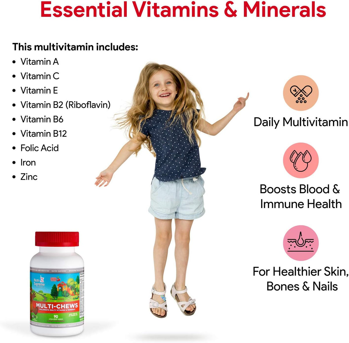 Delicious Kids Multivitamin – 90 Vegetarian Gummies – Complete Children’s Supplement with Vitamins A, C, D3, Calcium, Iron, Folic Acid, Zinc – Cherry Flavour - görsel 2
