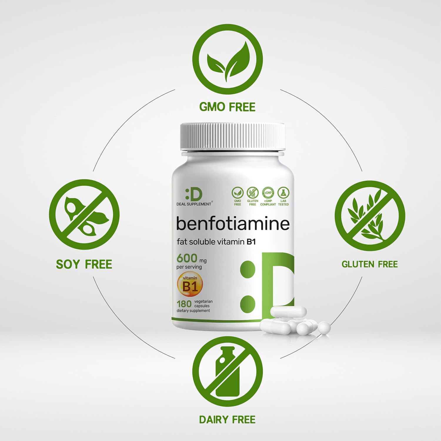 Benfotiamine 600mg Per Serving, 180 Veggie Capsules - Fat Soluble Vitamin B1 (Thiamine) Supplement - Vegan, Non-GMO, Gluten-free - görsel 3