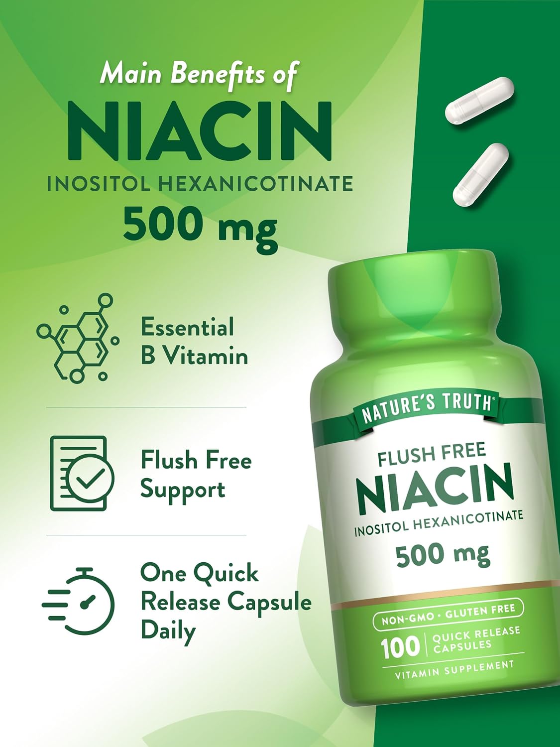 Nature's Truth Flush Free Niacin 500mg, 100 Capsules – Non-GMO & Gluten-free Food Supplement - görsel 5