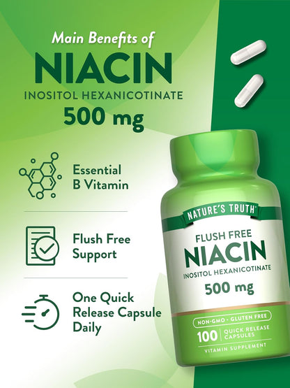 Nature's Truth Flush Free Niacin 500mg, 100 Capsules – Non-GMO & Gluten-free Food Supplement