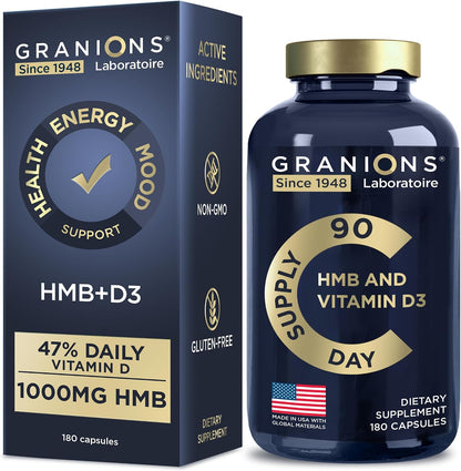 Vitamin D3 and HMB Supplement – 1000mg Calcium HMB Per Serving, Muscle and Bone Support, 180 Capsules (3-Month Supply)