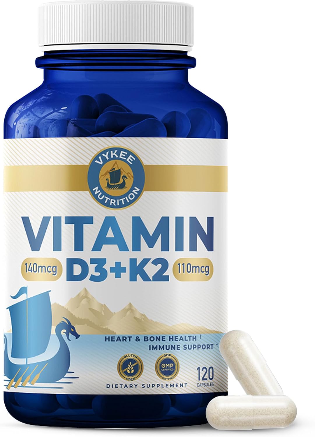 Vykee Nutrition Vitamin D3 K2 Complex – D3 140 µg & K2 (MK-7) 110 µg – 120 Vegan Capsules - görsel 1
