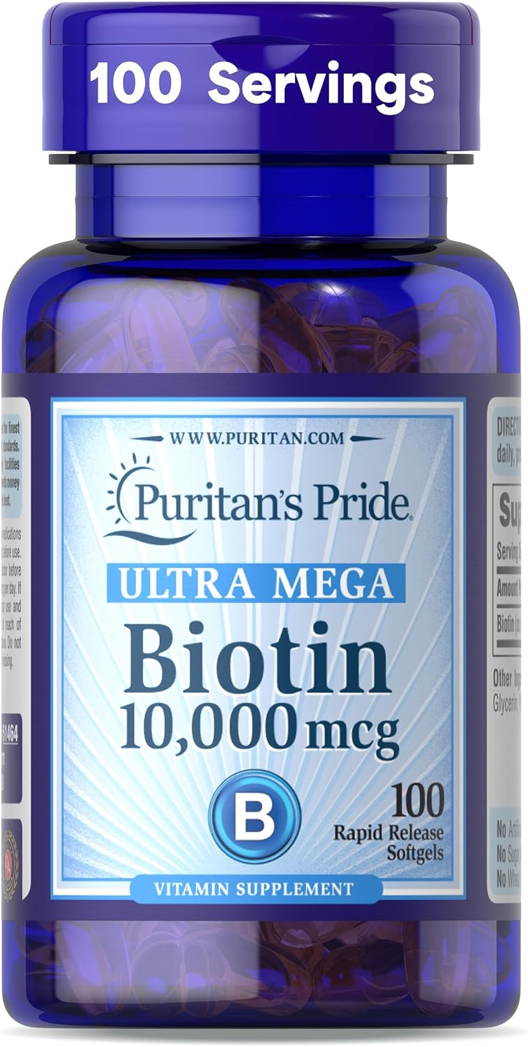 Puritan's Pride Premium Ultra Mega Biotin 10,000mcg - 100 Rapid Release Softgels - görsel 1