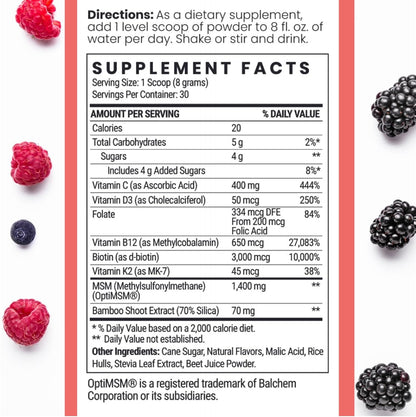 Qhemet Biologics MSM + Biotin Hair Nutrient Drink Mix - Wildberry Powder for Lush Volume (241 g)