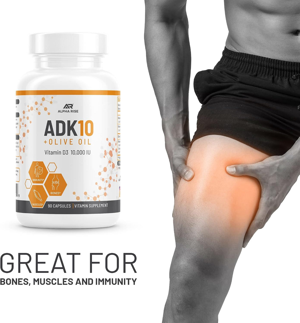 ALPHA RISE ADK 10 Vitamin Supplement + Olive Oil – Vitamins A, D3 (10,000 IU), K2 (MK7+MK4) – 90 Capsules - görsel 5