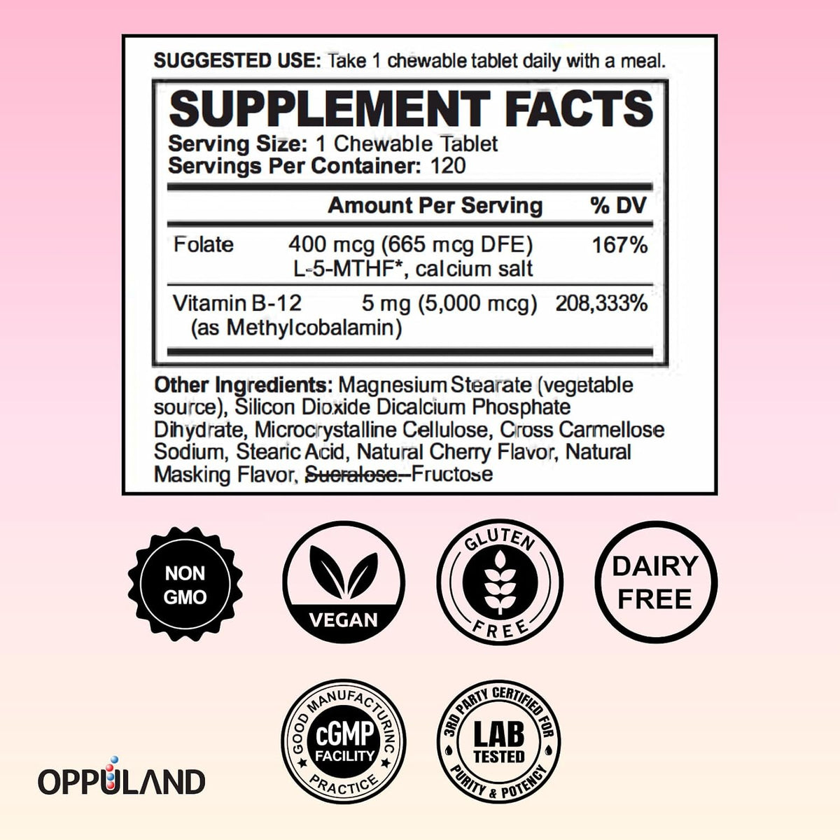 oppuland Methyl B-12 5000mcg Chewable with Folate - Vitamin B12 Methylcobalamin Sublingual Tablets - Supports Energy & Brain Function - Vegan Supplement - Cherry Flavour - 120 Count - görsel 7