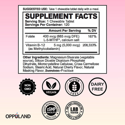 oppuland Methyl B-12 5000mcg Chewable with Folate - Vitamin B12 Methylcobalamin Sublingual Tablets - Supports Energy & Brain Function - Vegan Supplement - Cherry Flavour - 120 Count