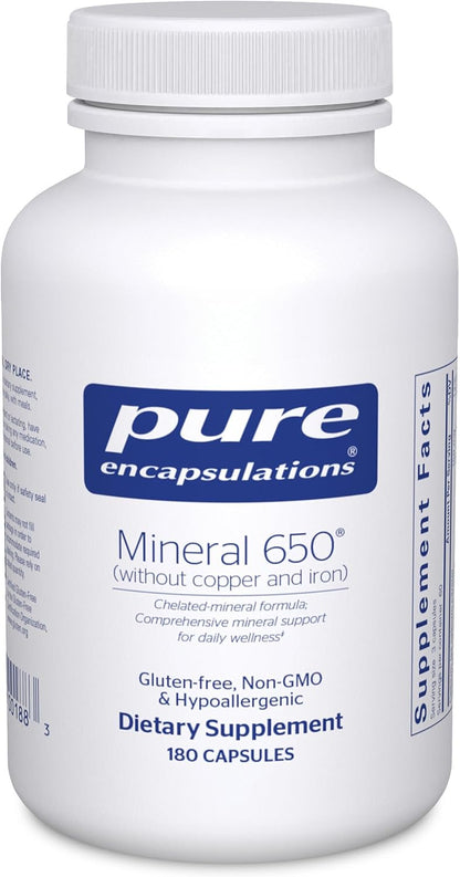 Pure Encapsulations Mineral 650 Without Copper & Iron - Hypoallergenic Chelated Minerals, 180 Capsules