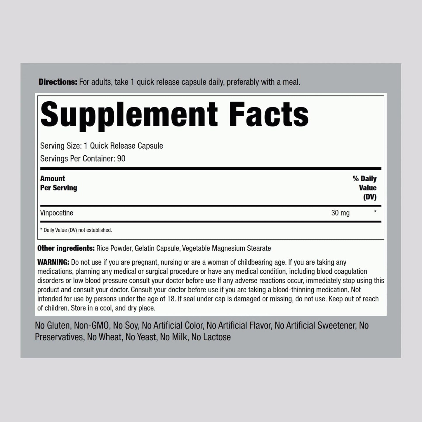 Piping Rock Vinpocetine 30mg | 90 Capsules | Super-Strength Supplement | Non-GMO, Gluten-free - görsel 2
