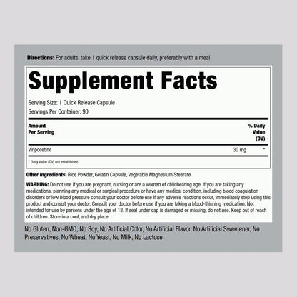 Piping Rock Vinpocetine 30mg | 90 Capsules | Super-Strength Supplement | Non-GMO, Gluten-free