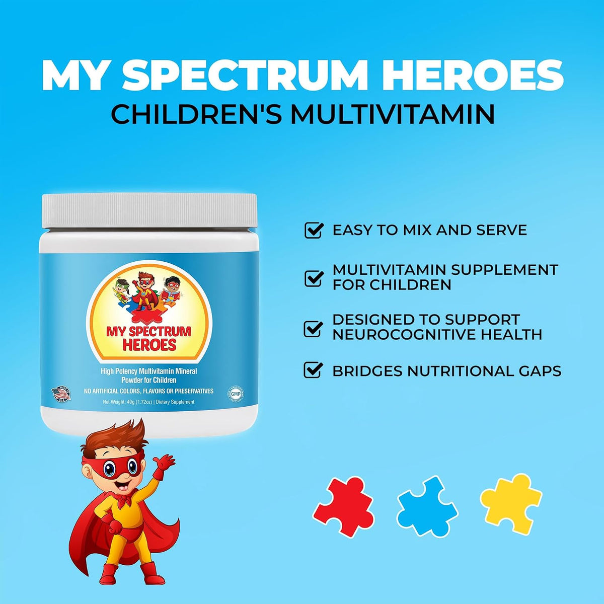 My Spectrum Heroes Kids Powder Multivitamin - Non-GMO, Gluten-free, Neural Support for Children - 30 Servings - görsel 2