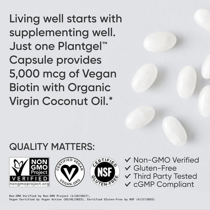 Sports Research® Biotin 5000mcg with Organic Coconut Oil - Vegan, Non-GMO, 120 Softgels
