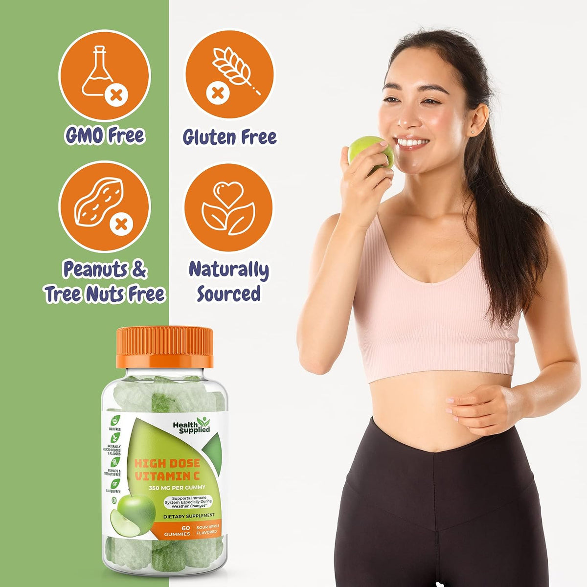 Health Supplied Sour Apple Vitamin C Gummies – 1050 mg per Serving, 2-Pack - görsel 1